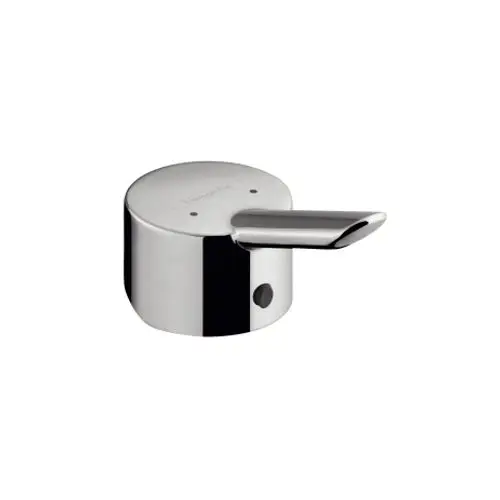 Chromfarbener Griff von Hansgrohe mit abgerundeter, flacher Kante und seitlichem Auslauf. Der Griff ist zylindrisch und hat eine horizontale Ausrichtung.